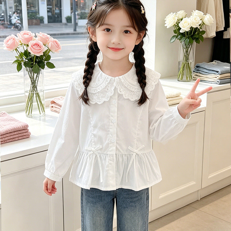 Mädchen elegante Bluse mit Spitzensaum und Rüschendetails EB