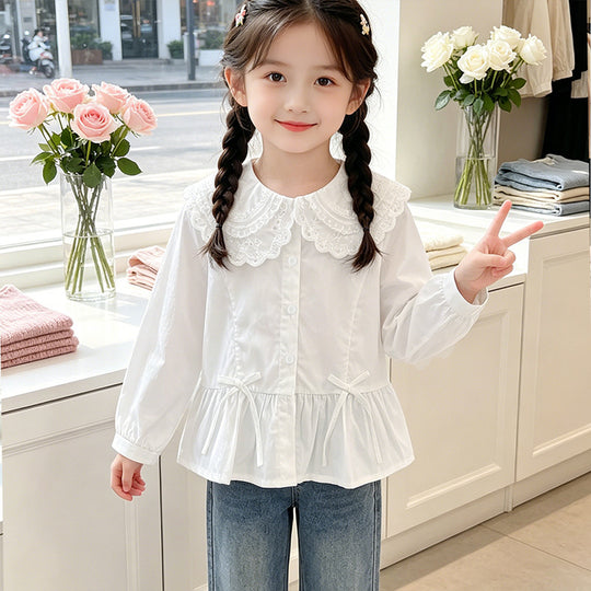 Mädchen elegante Bluse mit Spitzensaum und Rüschendetails EB