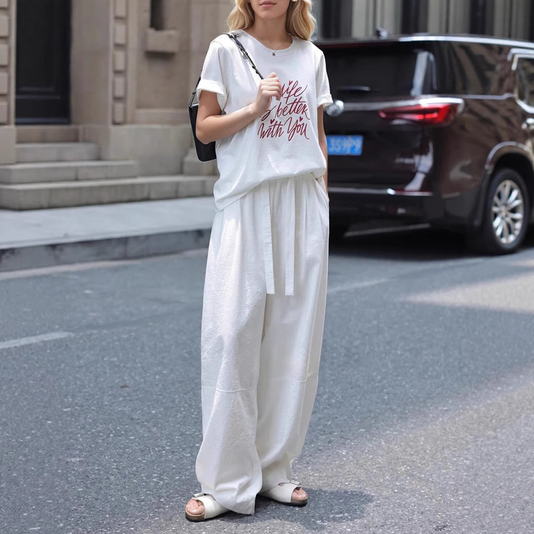 Damen Lässige und bequeme weite Hose mit seitlichem Bindegürtel EB
