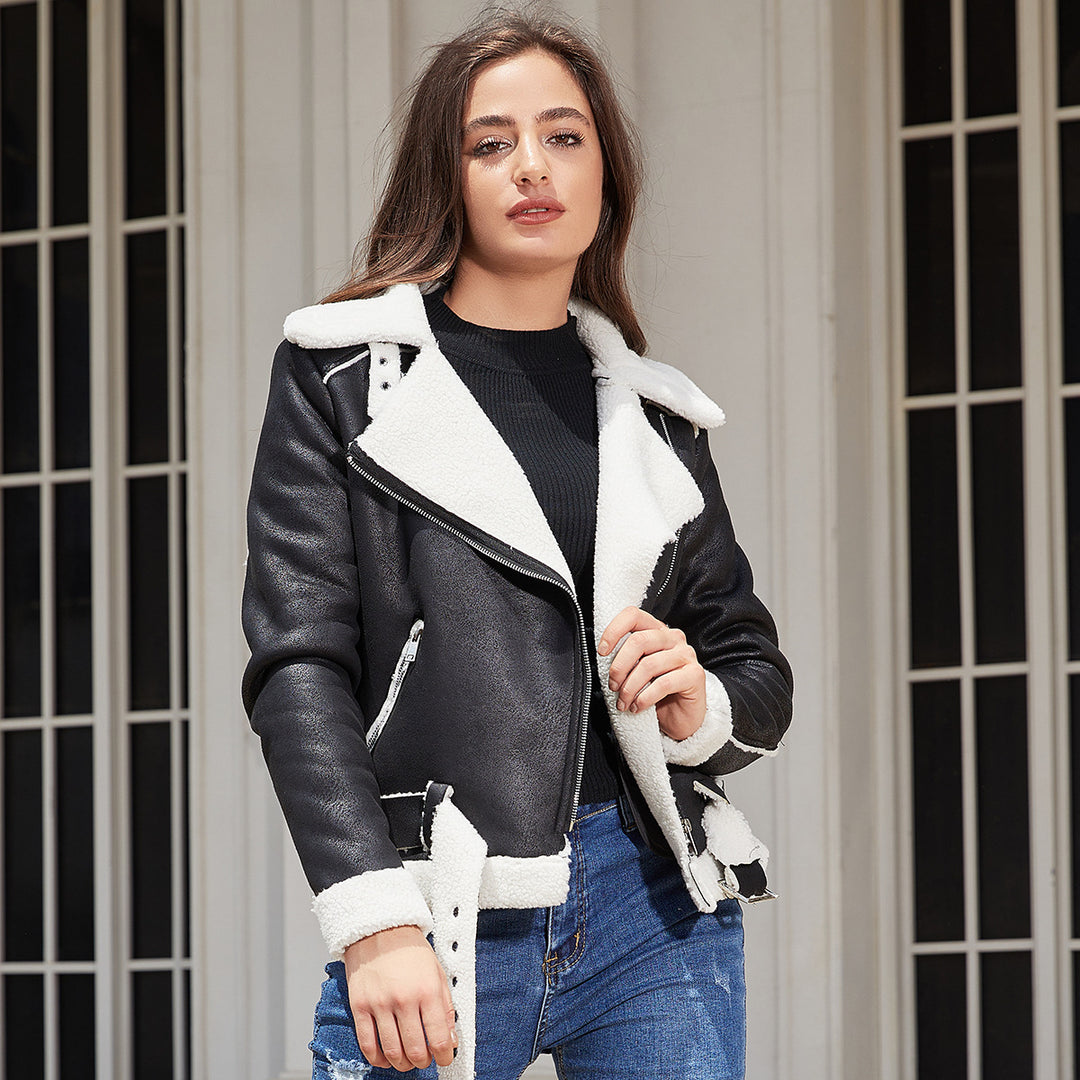 Damen nan taillierte Lammfellimitat-Fliegerjacke mit Gürtel und Teddyfutter EB