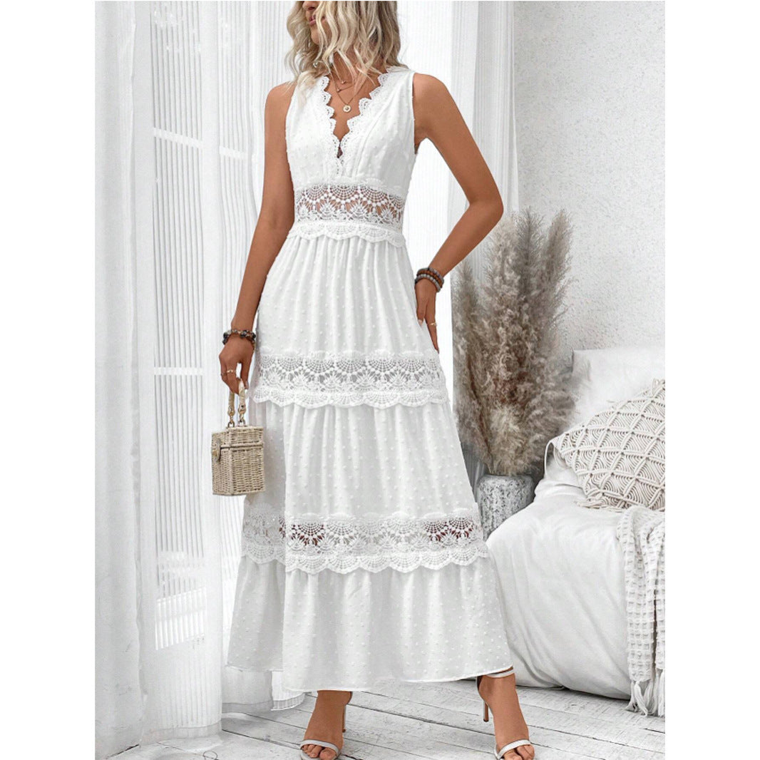 Damen romantisches Maxikleid mit Spitzenapplikationen und punktiertem Design EB