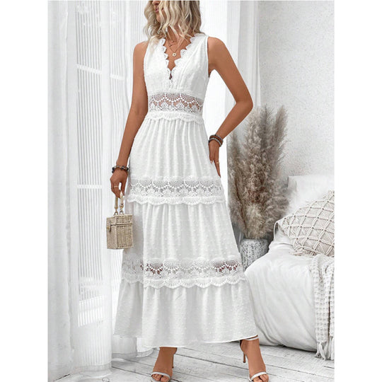 Damen romantisches Maxikleid mit Spitzenapplikationen und punktiertem Design EB