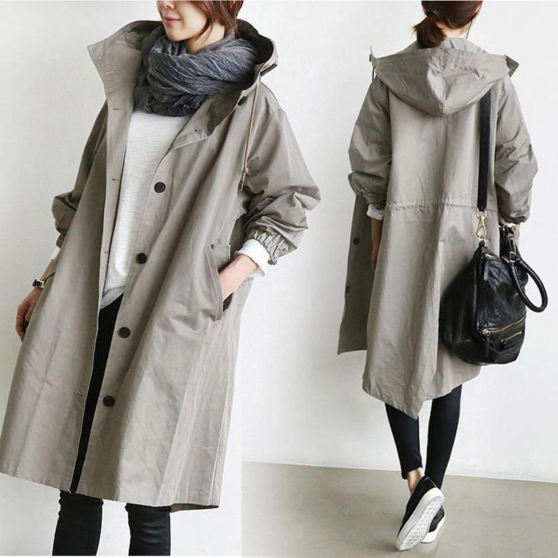 Damen nan leichter oversized Parka-Mantel mit Kapuze, Taillenzug und seitlichem Gehschlitz EB