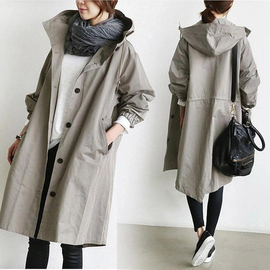 Damen nan leichter oversized Parka-Mantel mit Kapuze, Taillenzug und seitlichem Gehschlitz EB