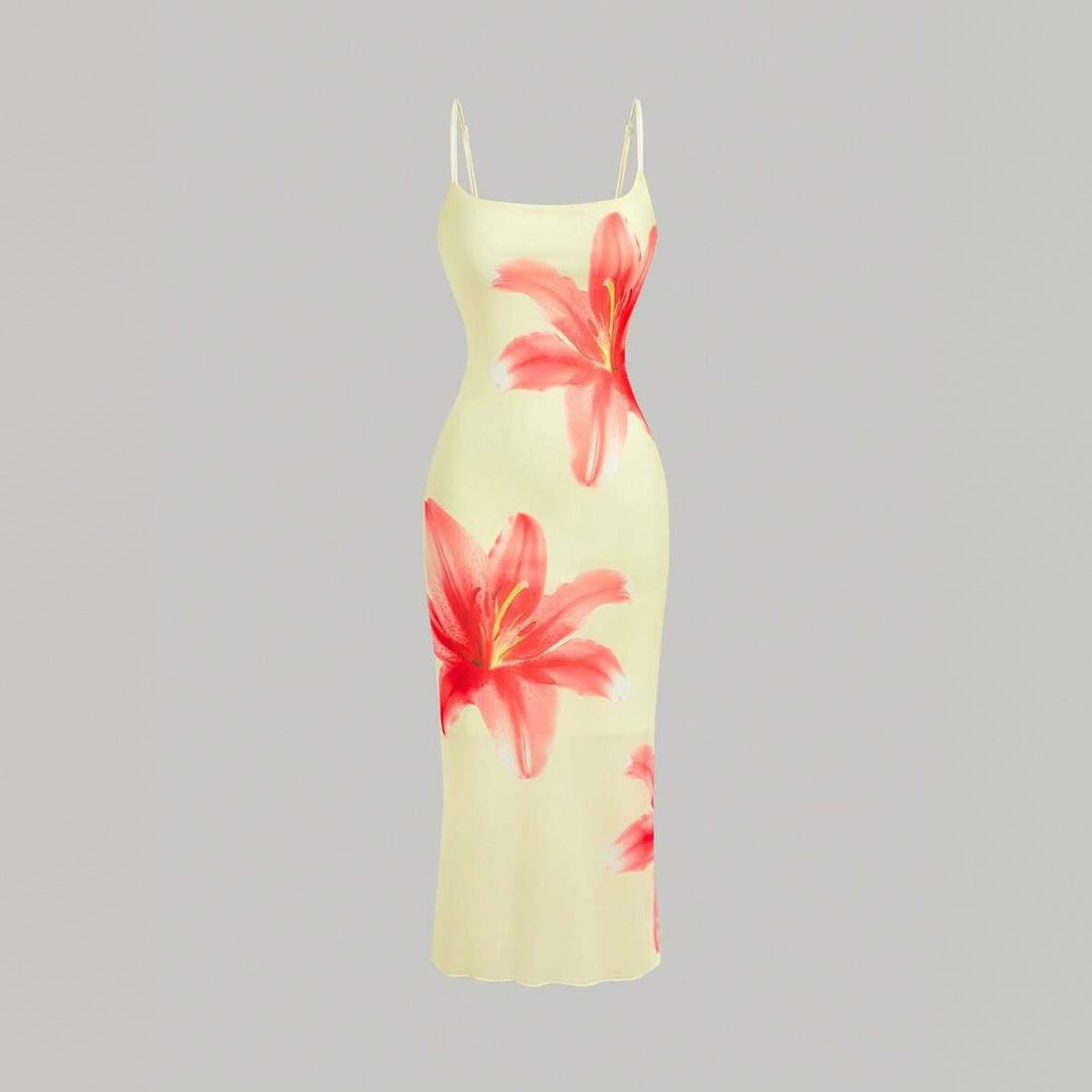Damen sommerliches Blumenkleid mit feinen Spaghetti-Trägern und fließendem Schnitt EB