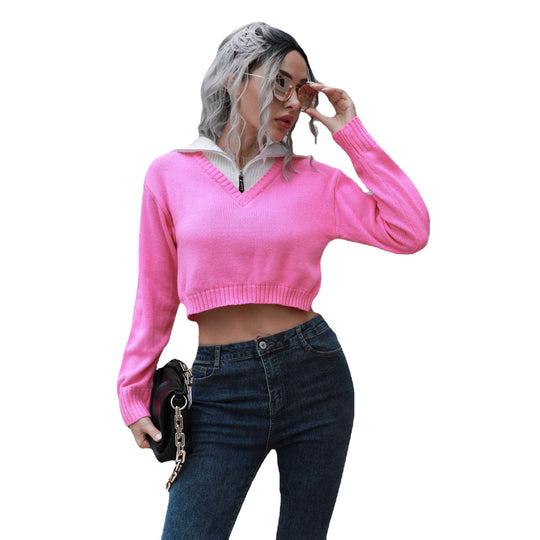 Damen Cropped Pullover mit hohem Kragen und verdecktem Reißverschluss EB