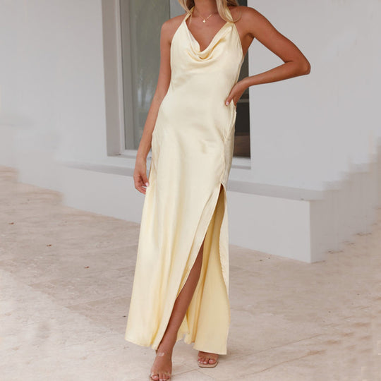 Damen Maxikleid mit halb-transparentem Halterneck und erotischem Schlitz EB