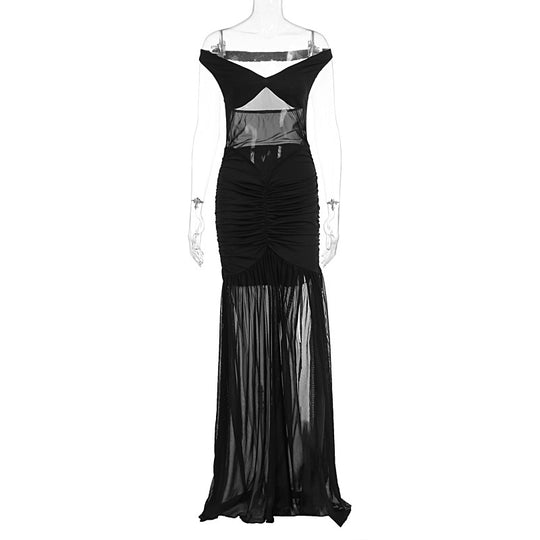 Damen elegantes Maxikleid mit transparenten Einsätzen und figurbetontem Schnitt EB