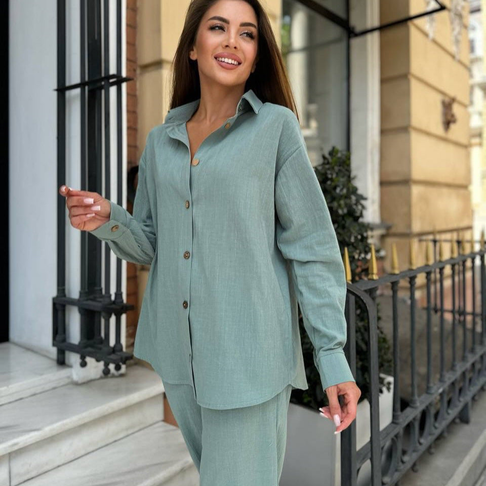 Damen Leichter Leinen-Zweiteiler mit oversized Hemd und High‑Waist Palazzohose EB