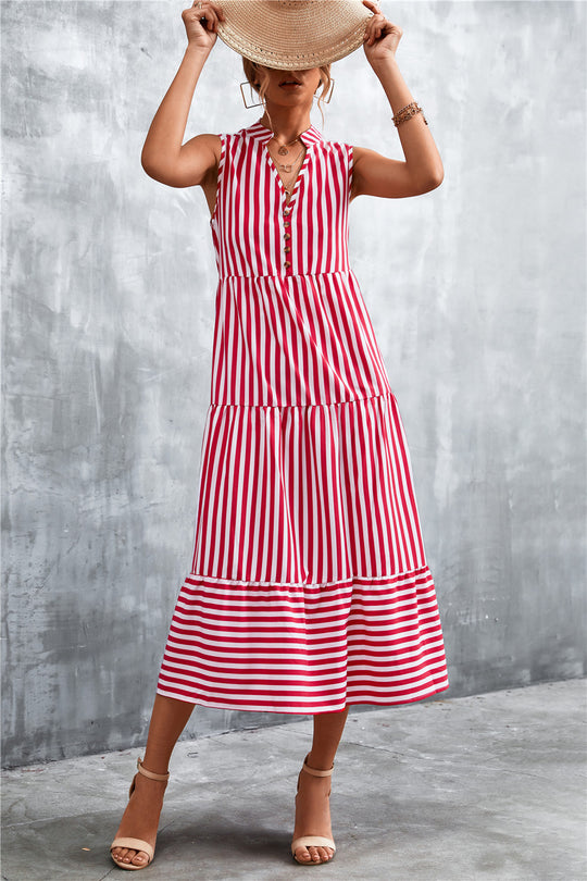 Damen Maxikleid mit gestreiftem Design, durchgehendem Knopfverschluss und voluminösem Saum EB