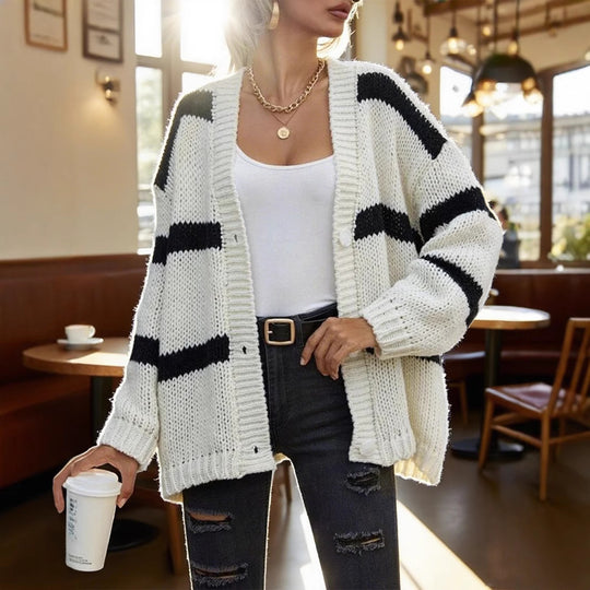 Damen Grobstrickjacke mit modischen Streifen EB