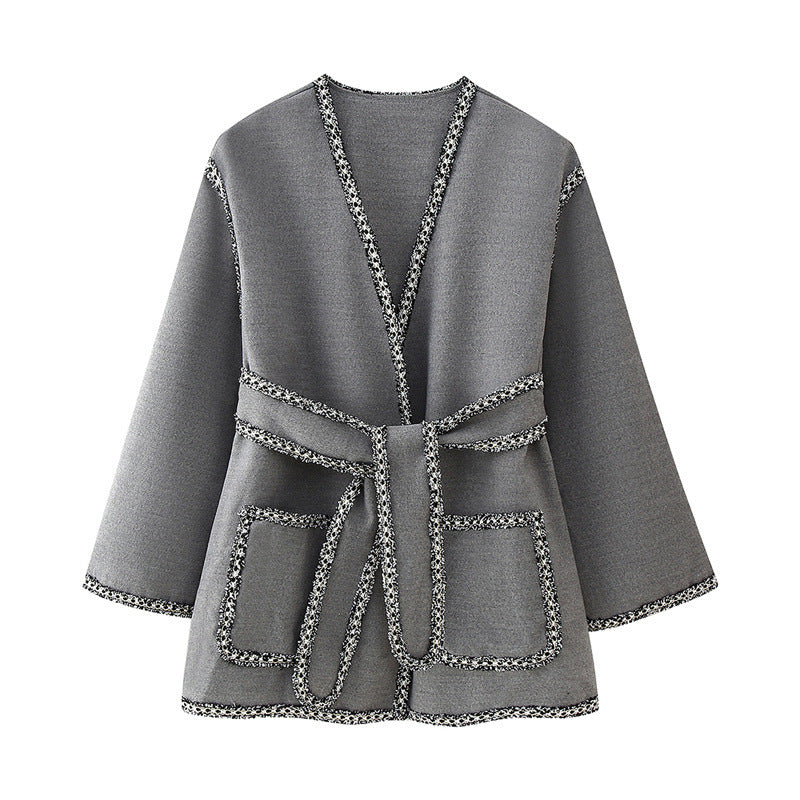 Damen elegante Wickeljacke mit kontrastierenden Verzierungen EB