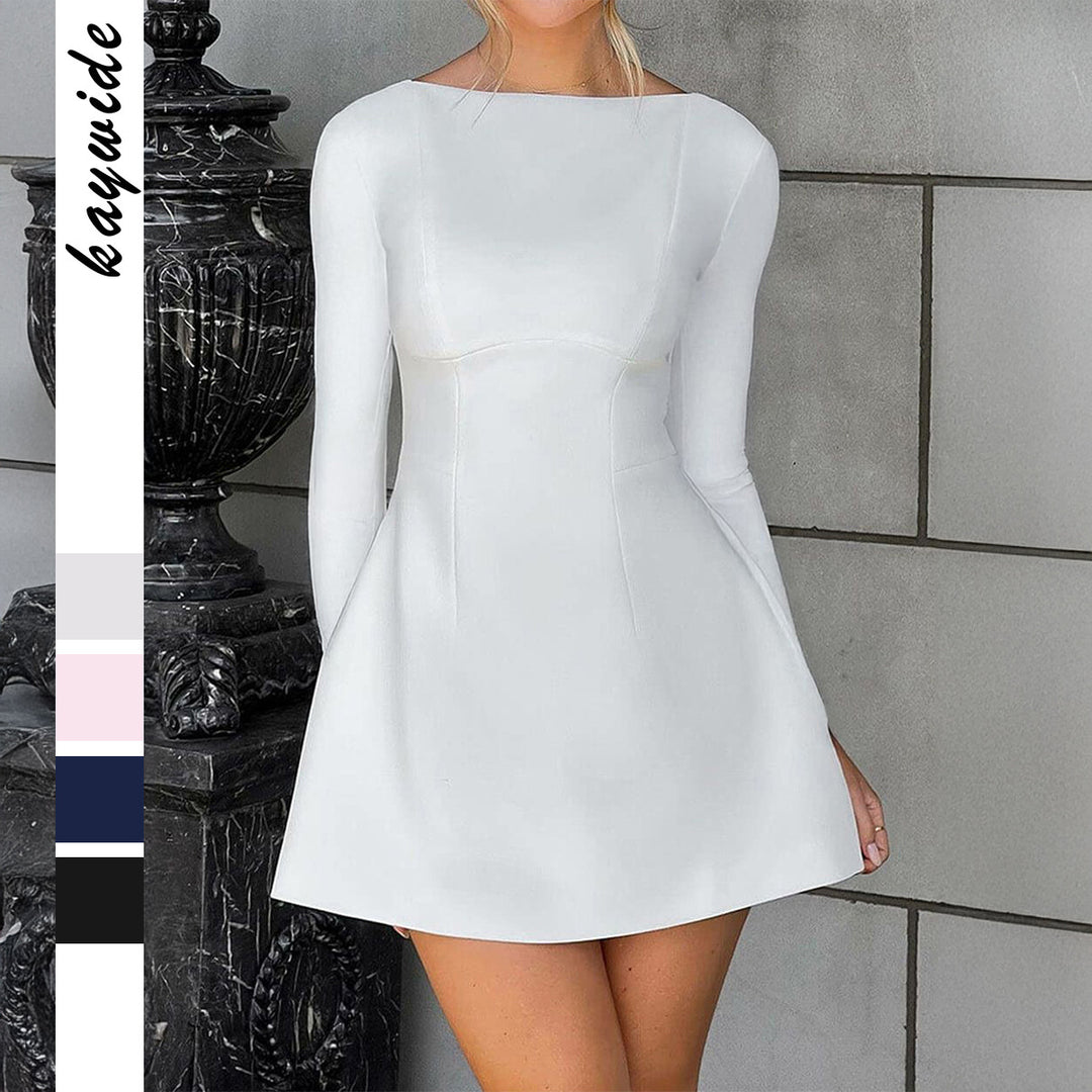 Damen nan tailliertes A-Linien Kleid mit U-Boot-Ausschnitt, langer Arm und dezenten Eingrifftaschen EB
