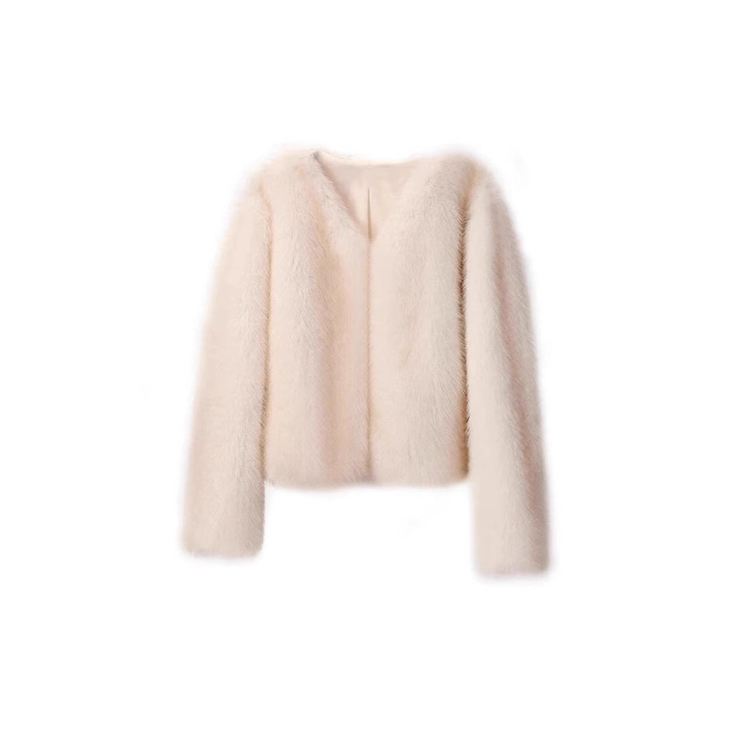 Damen luxuriöse Plüschjacke mit V-Ausschnitt EB