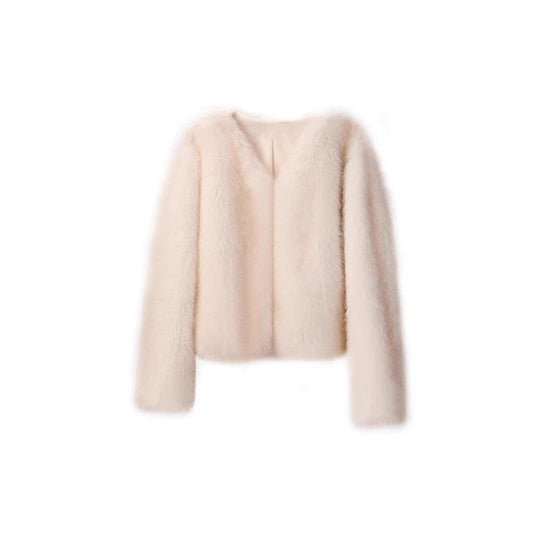 Damen luxuriöse Plüschjacke mit V-Ausschnitt EB