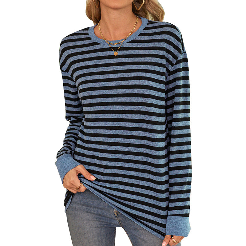 Damen bequemes Langarmshirt mit gestreiftem Design und Rundhalsausschnitt EB