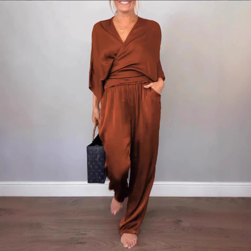 Damen Elegantes Wickeloberteil mit weitem Schnitt und passenden Palazzo-Hosen EB