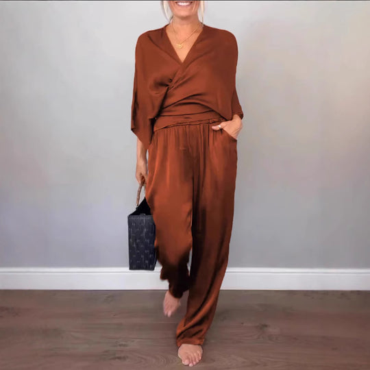 Damen Elegantes Wickeloberteil mit weitem Schnitt und passenden Palazzo-Hosen EB