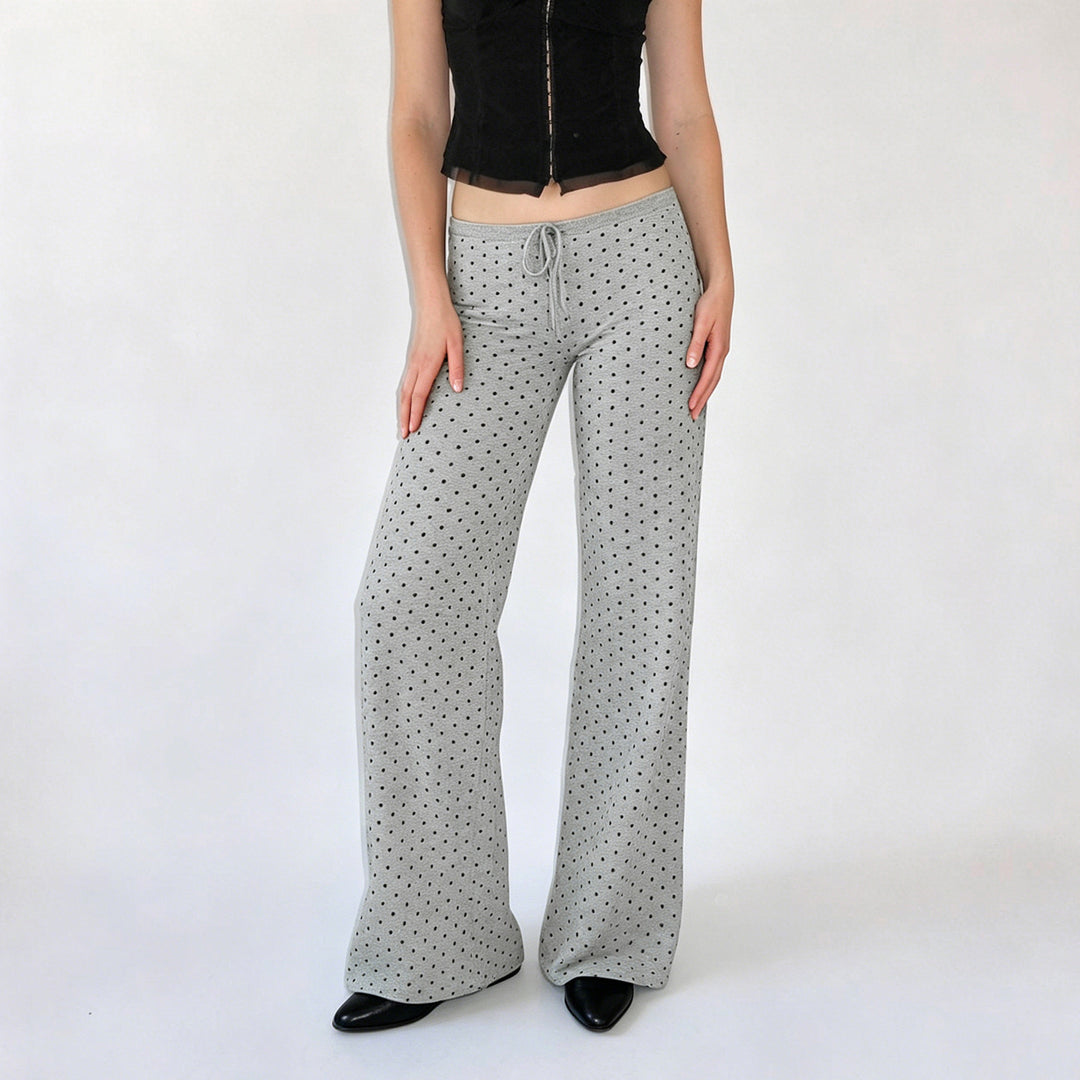 Damen nan gemütliche Highwaist-Loungehose mit weitem Schlag, elastischem Komfortbund, Kordelzug und dezentem Punkte-Print EB
