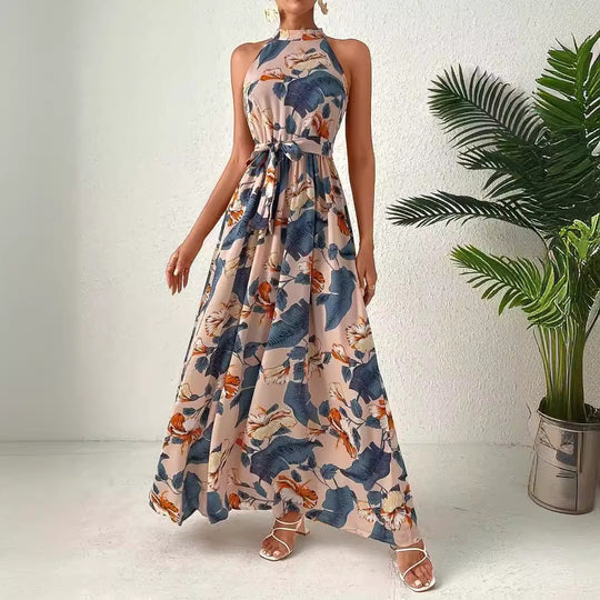 Damen Langes Maxikleid mit Halterneck und verspieltem Muster EB