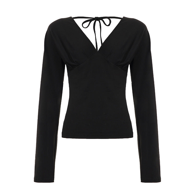 Damen nan figurbetontes Langarm-Top mit tiefem V-Ausschnitt, Nackenband zum Binden und taillierter Silhouette EB
