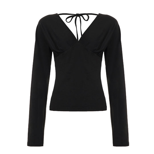 Damen nan figurbetontes Langarm-Top mit tiefem V-Ausschnitt, Nackenband zum Binden und taillierter Silhouette EB