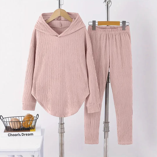 Damen lässiger Sweat-Pulli und -Hose Set mit strukturiertem Design EB
