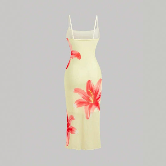 Damen sommerliches Blumenkleid mit feinen Spaghetti-Trägern und fließendem Schnitt EB