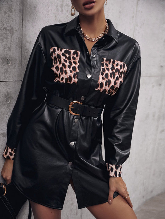Damen Kunstleder Hemdblusenkleid mit animalischem Print und taillierbarem Gürtel EB