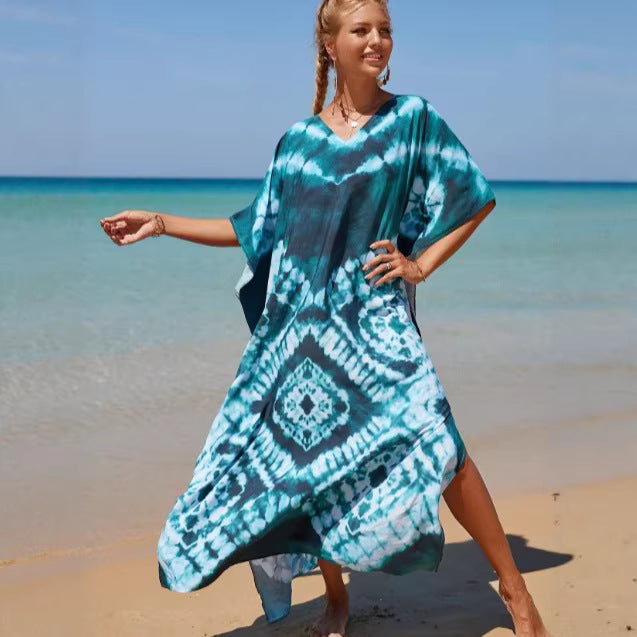 Damen Strandkleid mit buntem Batikdesign und weit geschnittenen Ärmeln EB
