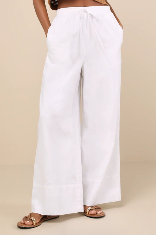 Damen Weite Leinenhose mit elastischem Bund und seitlichen Taschen EB