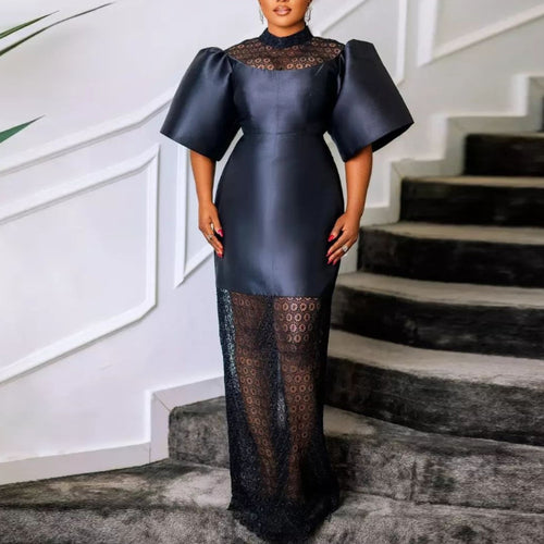 Damen Elegantes Maxikleid mit dekorativen Puffärmeln und romantischem Spitzenunterbau EB