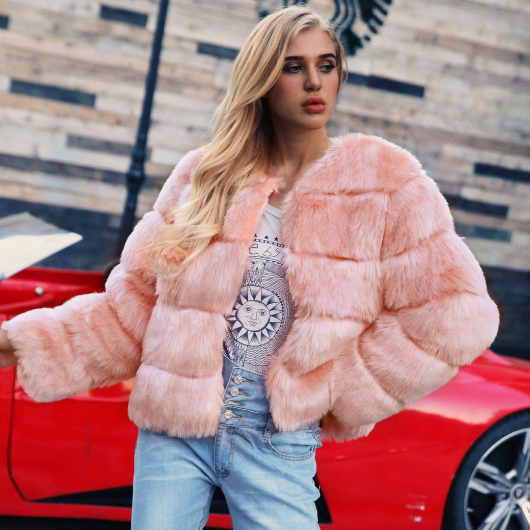 Damen Flauschige Kunstpelzjacke mit voluminösen Ärmeln und elegantem Schnitt EB