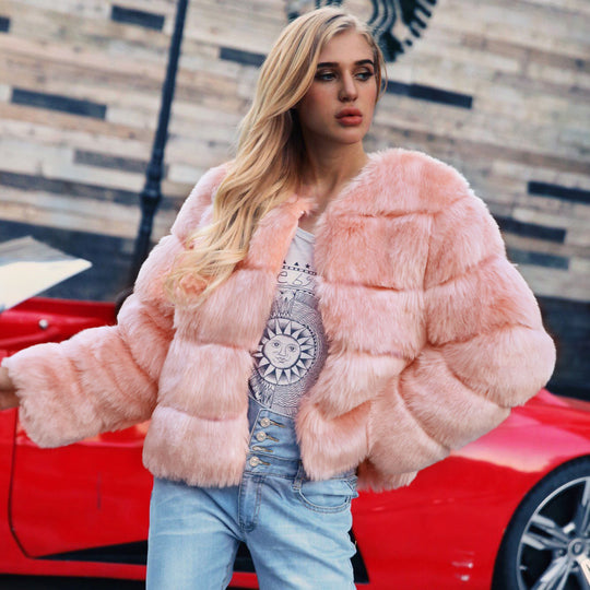 Damen Flauschige Kunstpelzjacke mit voluminösen Ärmeln und elegantem Schnitt EB