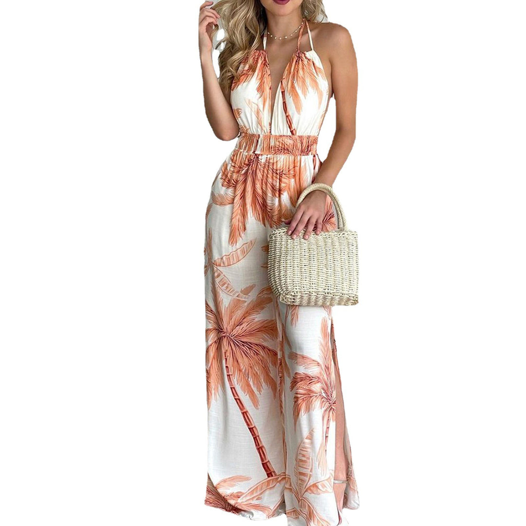 Damen eleganter Jumpsuit mit Spaghettiträgern und hohen Seitenschlitzen EB