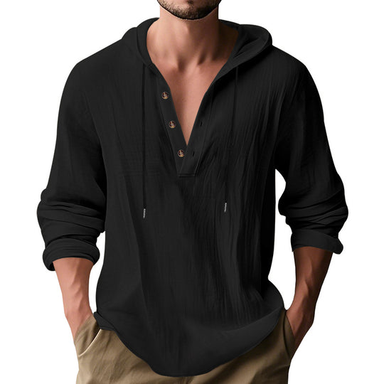Herren nan lässiges Leinenhemd mit Kapuze und Henley-Knopfleiste EB