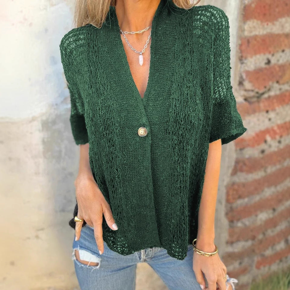 Damen Strickbluse mit leichtem Gewebe und dekorativem Knopf EB