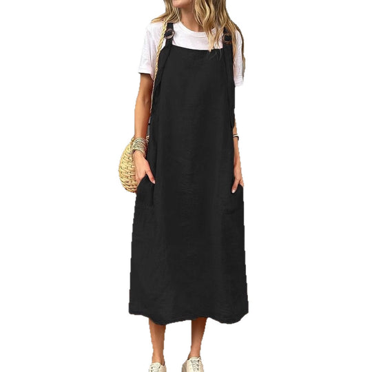 Damen lässiges Leinenkleid mit praktischen Taschen und verstellbaren Trägern EB