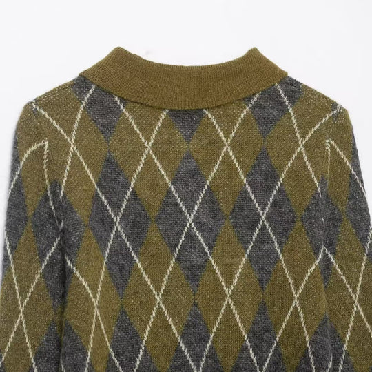 Damen nan Argyle-Polo-Strickpullover mit Cropped-Schnitt, Rippbündchen und Knopfleiste EB