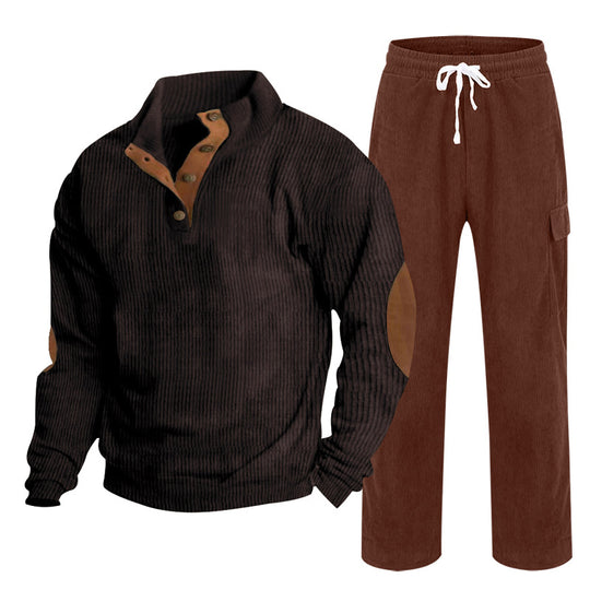 Herren nan strukturiertes Cord-Henley-Loungewear-Set mit Ellenbogenpatches und Cargo-Jogpant EB