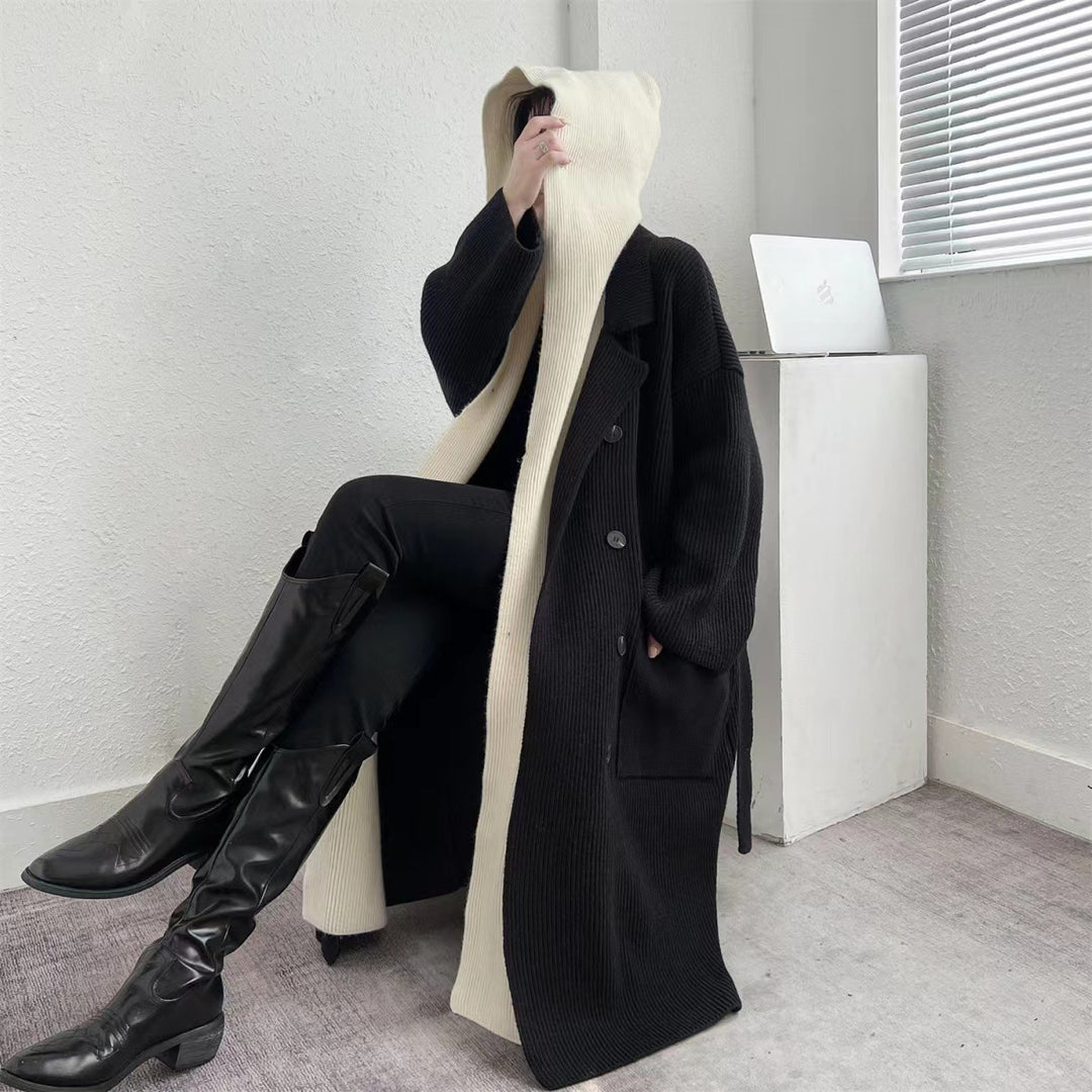 Damen Eleganter langer Mantel mit Gürtel und kontrastierenden Ärmeln EB