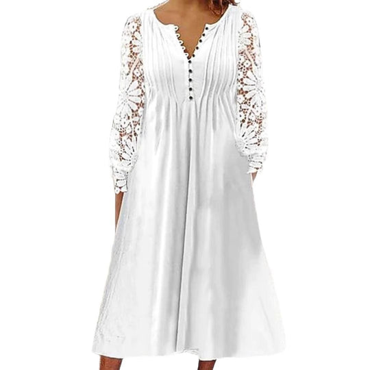 Damen Midikleid mit eleganter Lochspitzenärmel und Knopfleiste Heidi-Mode
