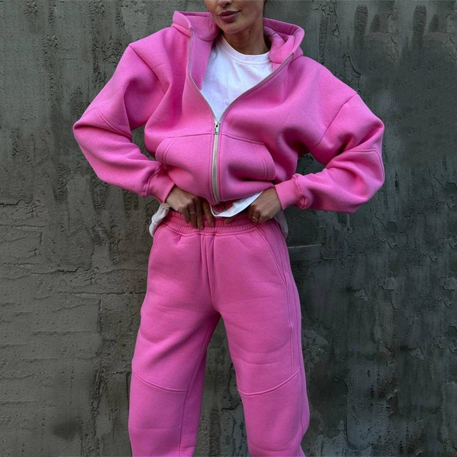 Damen kurzes Zip-Hoodie und hochtaillierte Komfort-Jogginghose-Set aus weichem Fleece EB