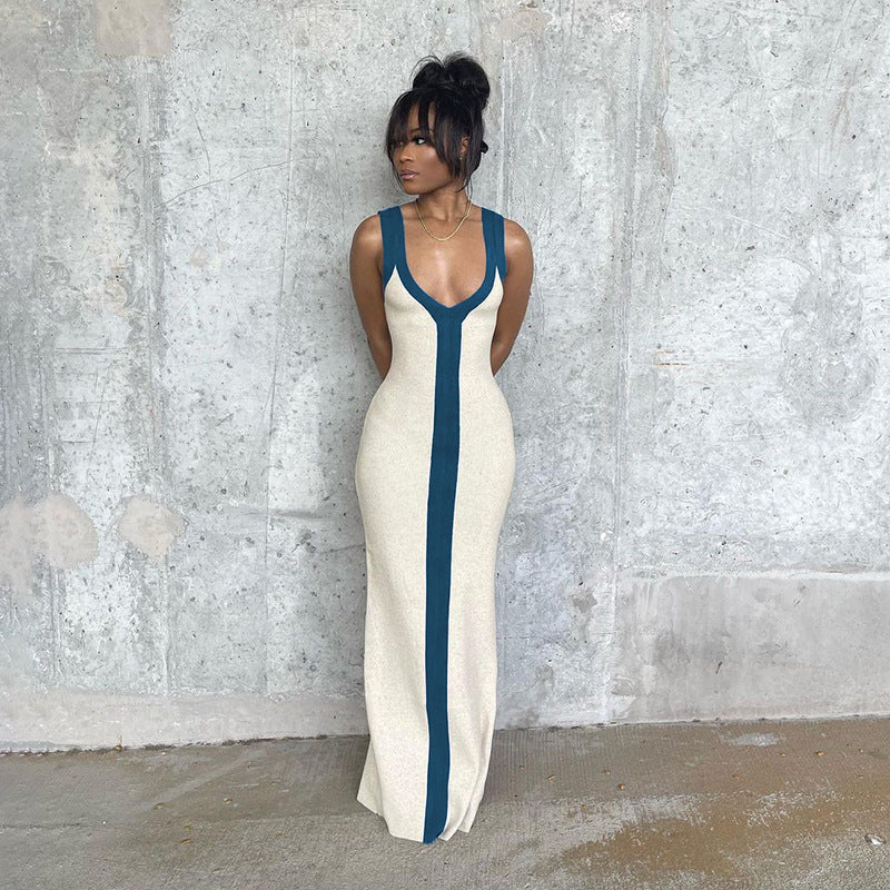 Damen elegantes Maxikleid mit tiefem V-Ausschnitt und kontrastierendem Streifen EB