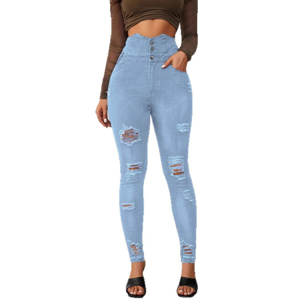 Damen Hochtaillierte Skinny Jeans mit modischen Rissen und eleganter Knopfleiste EB