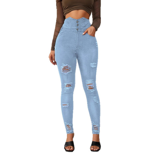 Damen Hochtaillierte Skinny Jeans mit modischen Rissen und eleganter Knopfleiste EB