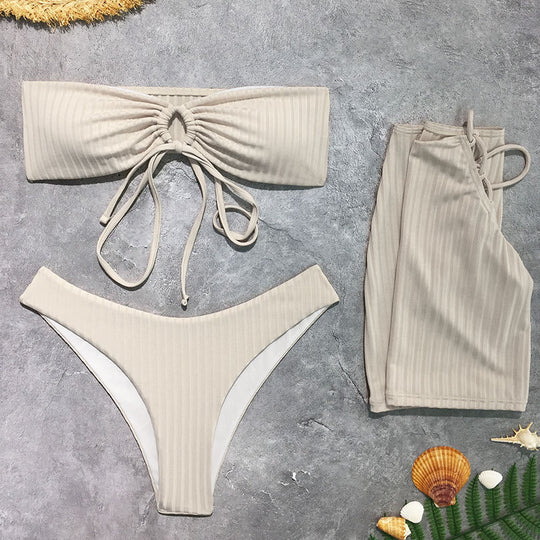 Damen Bikini-Set mit gerafftem Oberteil und hoch geschnittenen Hosen EB