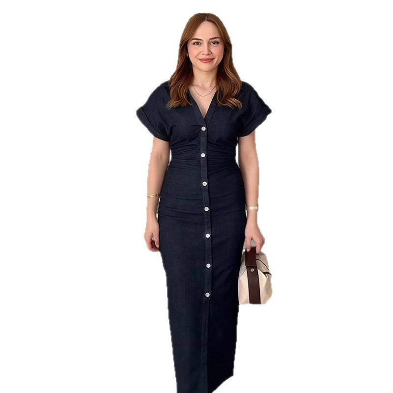 Damen Langarm Kleid mit Knopfverschluss und klassischem Hemdkragen EB