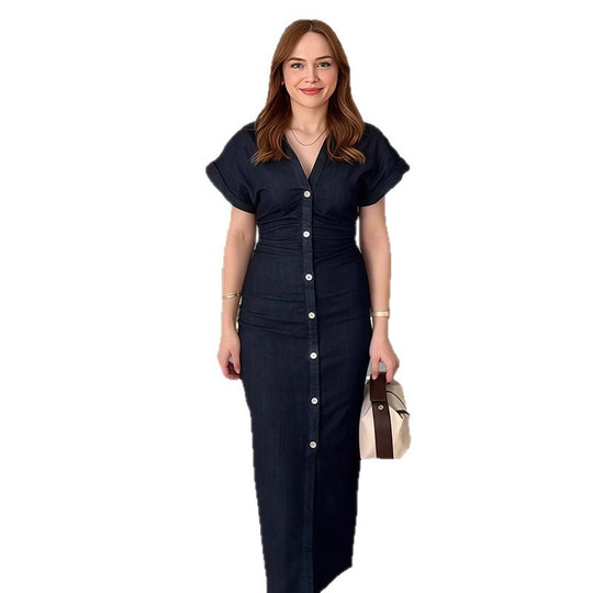 Damen Langarm Kleid mit Knopfverschluss und klassischem Hemdkragen EB