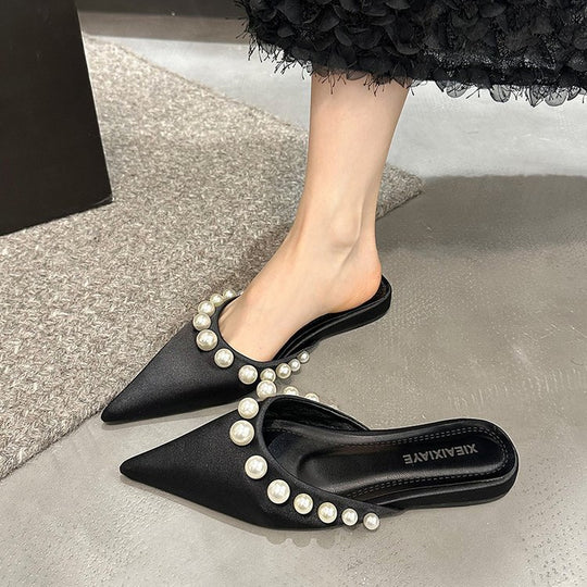 Damen Spitzen-Mules mit glänzenden Perlenverzierungen EB